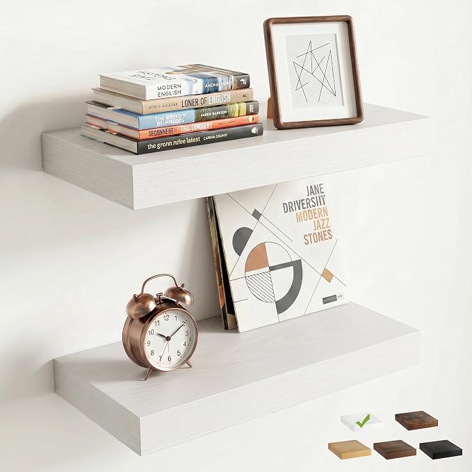 16 Inch Floating Shelves for Wall, 8"D Wood Storage Shelves, White Finish | Engineered Wood, Invisible Bracket, Large Storage, Easy Install, Hold Up to 33lbs, Living Room, Bathroom, Bedroom, Kitchen