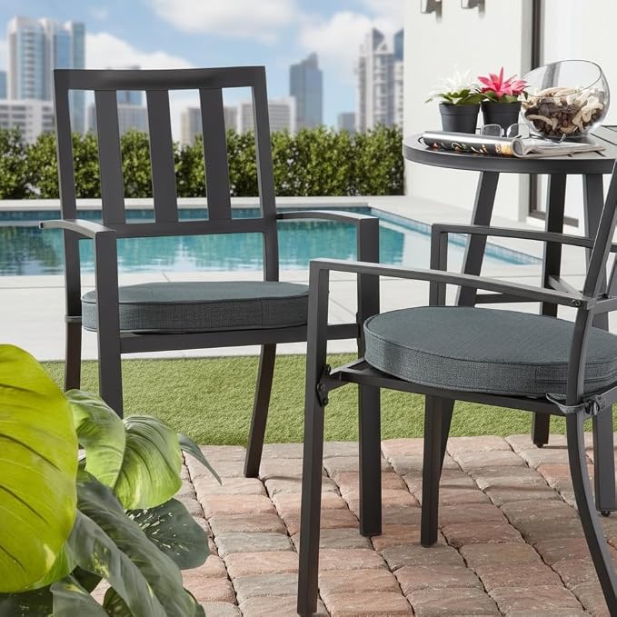 Set of 2 Outdoor 18 inch Round Patio Dining Chair Pads – Comfortable Fiber-Filled Seat Cushions with Ties, Reversible Polyester Fabric, Carbon