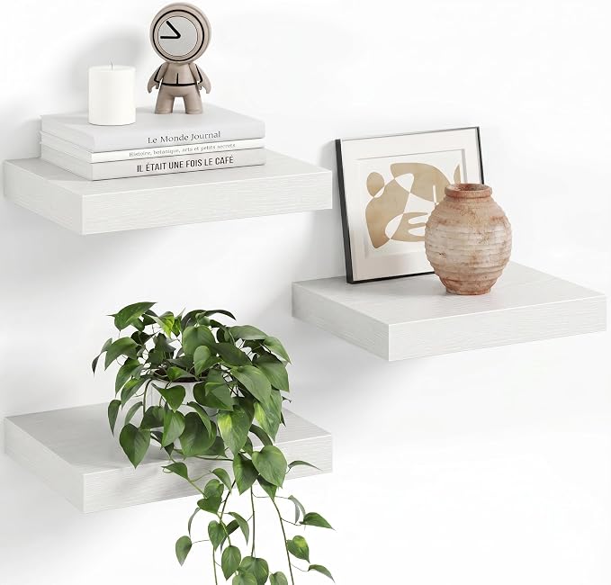 Fun Memories Floating Shelves for Wall with Invisible Brackets, 10 Inch Wall Mounted Wood Shelves with Wood Grain for Living Room, Bedroom, Bathroom, Kitchen Decor and Storage, White - Set of 3