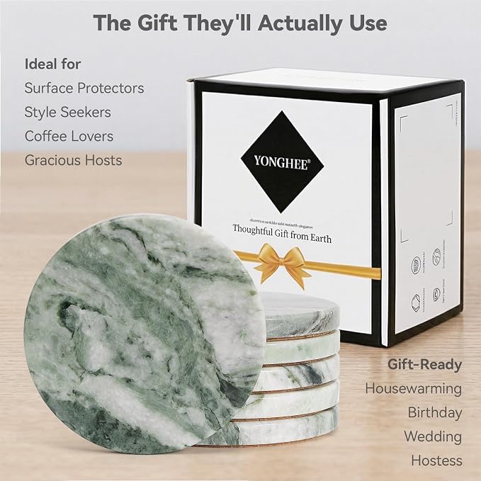 Sage Green Marble Coasters Set of 6, Elegant Green & White Coasters for Coffee Table, 4" Round Polished Soft Green Stone Coaster with Cloudy Veins – Heat Resistant, Non-Slip, Housewarming Gift