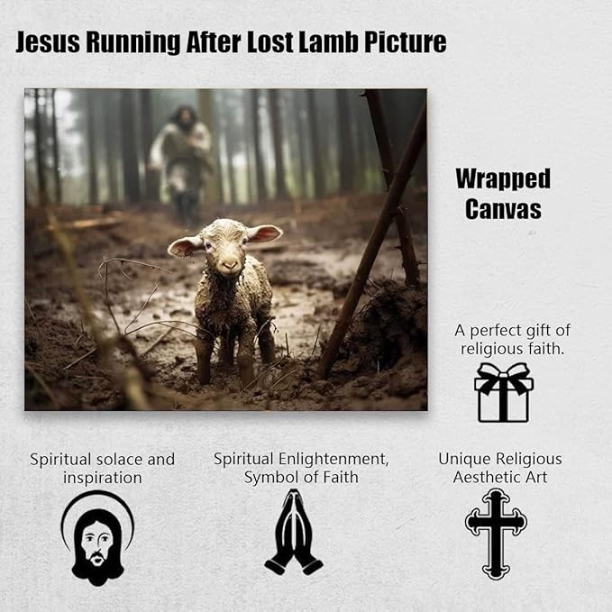 Jesus and Lamb Canvas Wall Art Jesus Running After Lost Lamb Picture Wall Art Canvas Print Christian Home Decor 30x24 inch (Landscape)