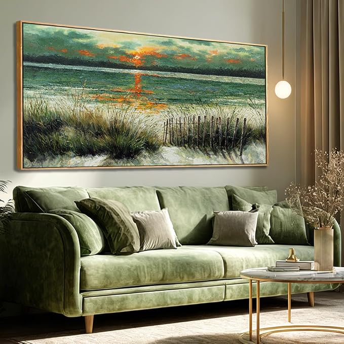 Kureful Green Abstract Wall Art Sunrise Beach Sea Ocean Sage Green Landscape Wall Decor Poster Pictures for Living Room Bedroom Dining Room 24"x48"