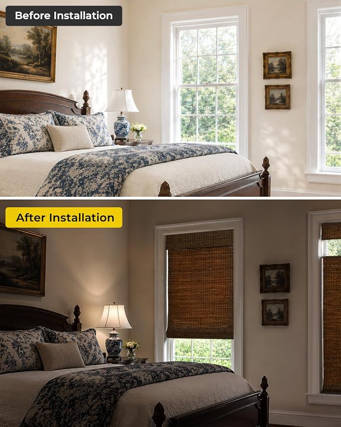 UNISHADES No Drill Cordless Bamboo Roman Shades, 34×64 in, Highfield Teak | Room Darkening Top Down Bottom Up Window Blinds for Indoor Windows