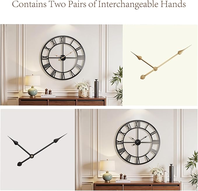 Vantic 32 Inch Large Wall Clock, Roman Numeral Metal Oversized Wall Clocks for Living Room Decor, Bedroom and Kitchen, Completely Silent, Non Ticking, Battery Operated