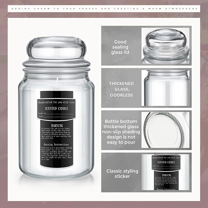 Ziliny 6 Pack 25 oz Glass Candle Jars with Airtight Lids Large Thick Clear Candle Containers with 10 Warning Labels Wooden Wick Holders