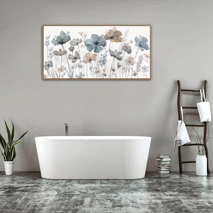 yearainn Framed Elegant Watercolor Floral Wall Art – Blue and Taupe Botanical Flowers Picture, Soft Abstract Floral Painting Artwork for Home Wall Decor, Ready to Hang, Natural Wood Frame, 24" x 48"