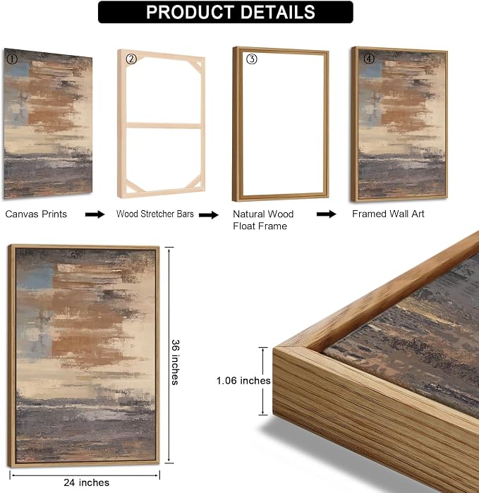 Large Framed Canvas Wall Art - Natural Float Framed Colorful Pictures for Living Room Decor Contemporary Brown Beige Grey Lines Artwork for Bedroom Kitchen Home Office Decoration 72" X 36" Set of 3