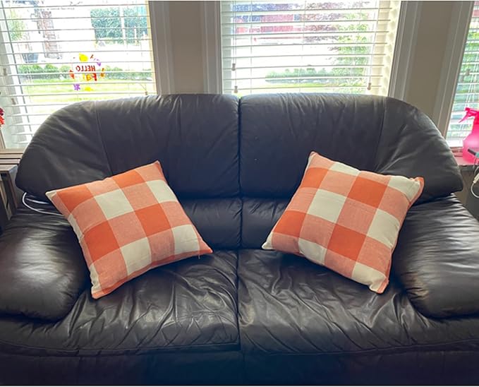 Fall Orange Decor Outdoor Throw Pillow Covers 22x22 Set of 2 Buffalo Check Plaids Decorative Autumn Farmhouse Thanksgiving Cotton Linen Rustic Cushion Cases Home Decor for Bedroom Couch Patio White