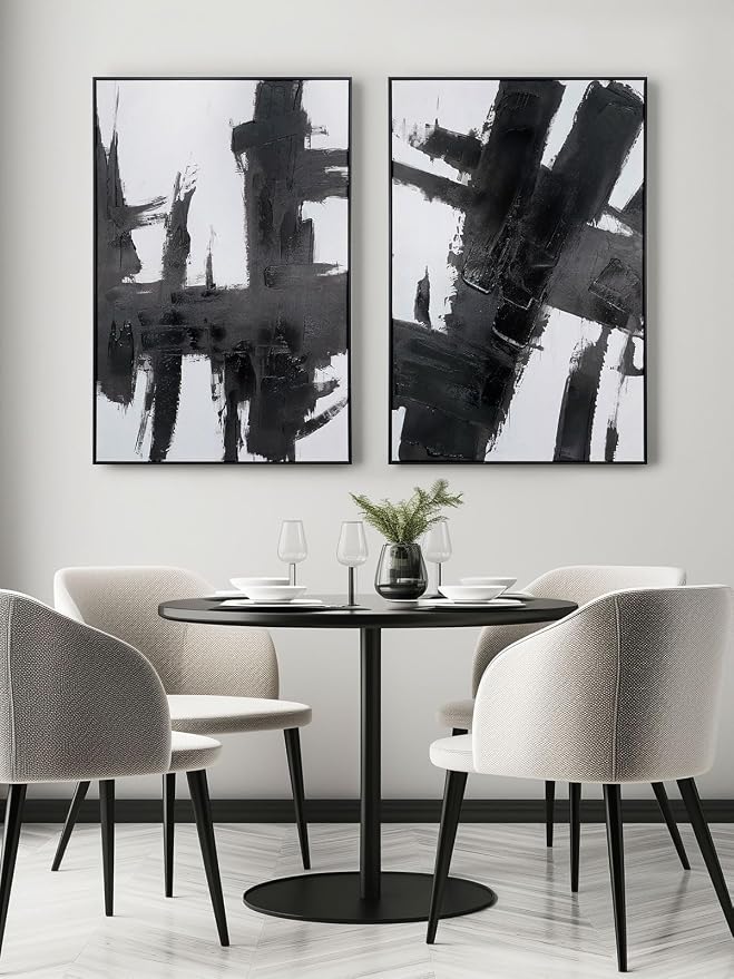 Black and White Abstract Canvas Wall Art - Set of 2 Piece 24 x 36 inch Framed Hand-Textured Geometric Artwork - Perfect for Stylish Living Room or Office Decor