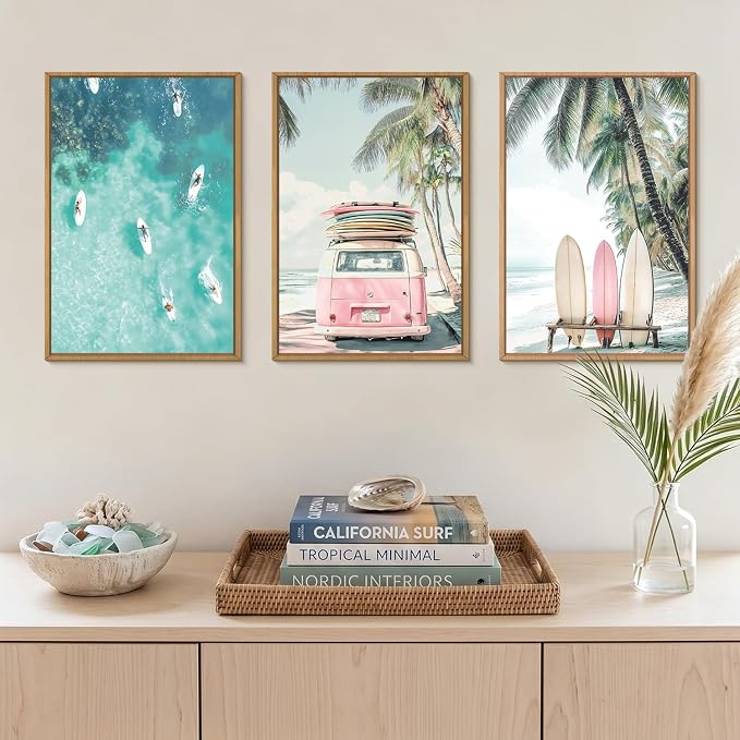 HOURIA Summer Surfboard Beach Framed Canvas Wall Art Set,Modern Ocean Surfing Seascape Wall Decor,Coastal Bus Coconut Tree Wall Painting,Nature Botanical Art Prints for Living Room, Bedroom-24 x36 x3