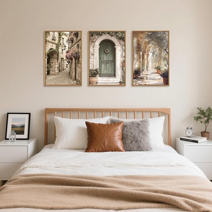 European Flower Street Framed Canvas Wall Art Set,Natural Architecture Travel City Landscape Wall Decor,Vintage Neutral Archway Cityscape Artwork for Living Room,Bedroom,Farmhouse-24 x36 x3