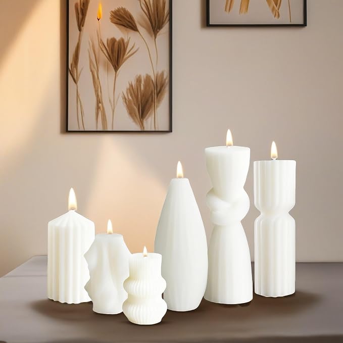 6 Pcs Pillar Candles Modern Aesthetic Ribbed Decorative Candle Set Cute Soy Wax Scented Ribbed Decor for Home (Style1)