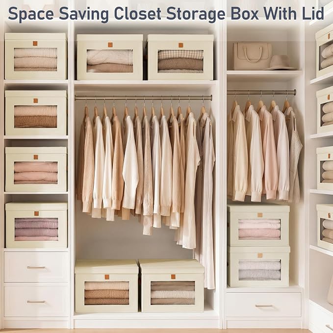 DIMJ Storage Bins with Lids - 5 Pack Front Opening Stackable Fabric Storage Boxes with Clear Window & Handles, Collapsible Closet Organizers for Clothes, Sweaters, Shelf Storage, Bedroom, Beige