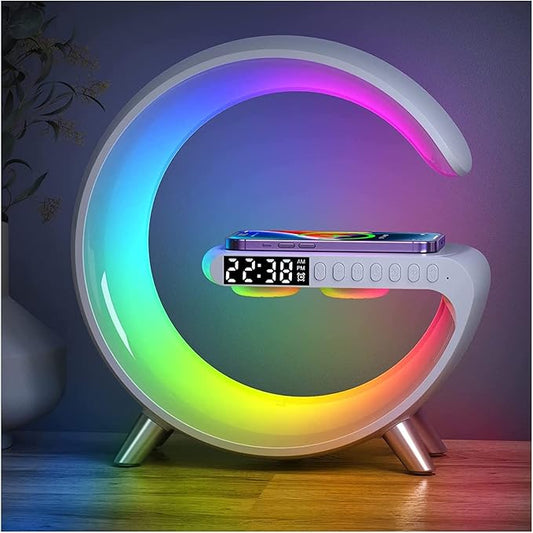 LeeNabao Smart LED Table Lamp, 4-in-1 Wireless Charger, Night Light, Alarm Clock, and Bluetooth Speaker with App Control for Bedroom, Office, and Home Decor (White)