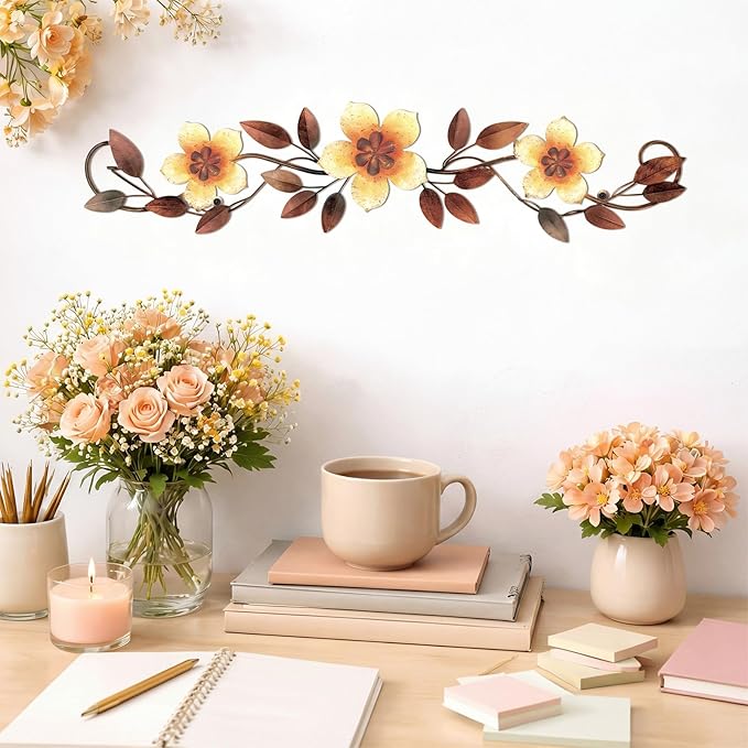 Wesiti Metal Flower Wall Decor Vintage Spring Metal Flower Wrought Iron Scroll Sculpture 15.7''x3.7'' Farmhouse Leaf Wall Decor with Nails for Spring Living Room Bedroom Indoor Outdoor(Yellow)