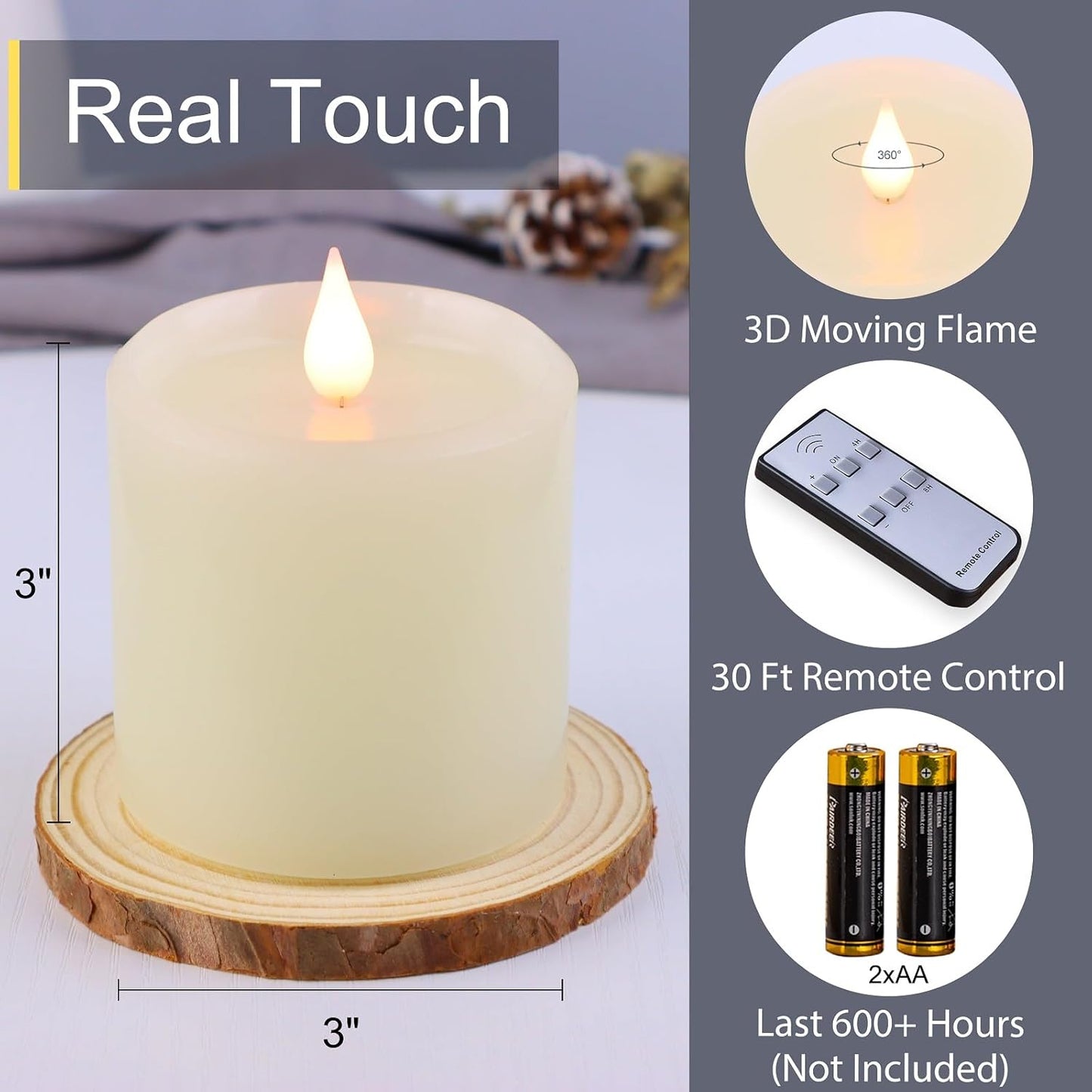 Flameless Candles Battery Operated with Remote Timer, 3D Moving Flame Flickering, Last 600+ Hours Battery Candles, Set of 3 Ivory Real Wax Electric LED Candle, 3" x 3"