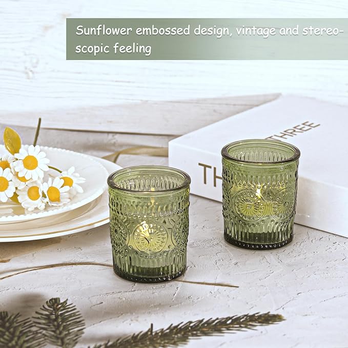 48 Pcs Green Glass Votive Candle Holders, Tealight Candle Holders for Table Centerpieces, Vintage Candle Holder Bulk, Boho Wedding, Home, Bridal Shower, Birthday Party Table Decor (Green)