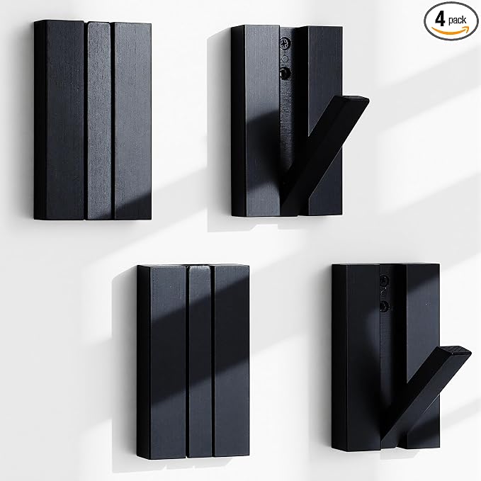 Folding Wall Hooks 4Pack: Black Modern Wooden Coat Hooks Mount for Heavy Duty Hanging Towels Backpack Bags Hats, Space Saving Minimalist Decorative Entryway Hanger for Aesthetic Homeowner