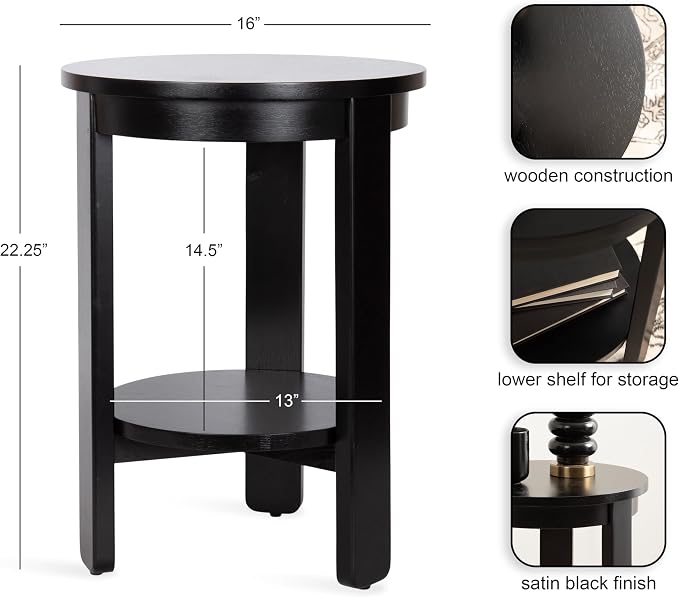 Kate and Laurel Foxford Tiered Round Side Table, 16 x 16 x 23, Black, Transitional Two-Tier Circle Nightstand Table with Storage and Resilient Wood Construction for Bedroom Decor