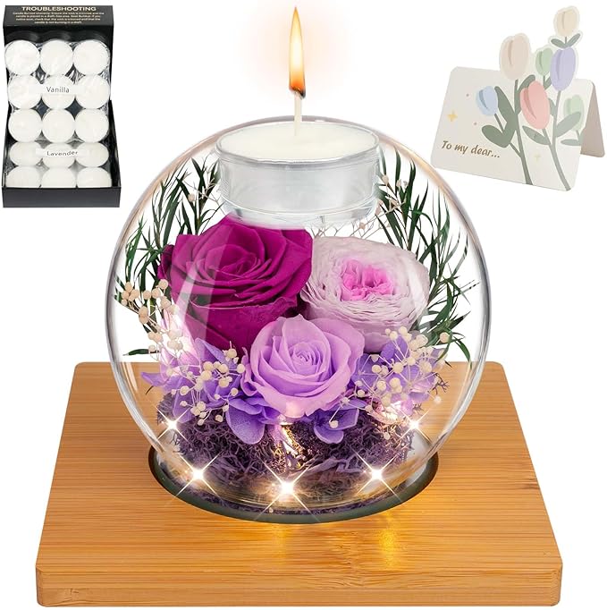 ENERLEAF Preserved Purple Real Rose in Glass with Scented Candles–Eternal Flower Romantic Anniversary Mothers Day Christmas Birthday Valentines Day, Women, Wife, Girlfriend, Mom, Grandma