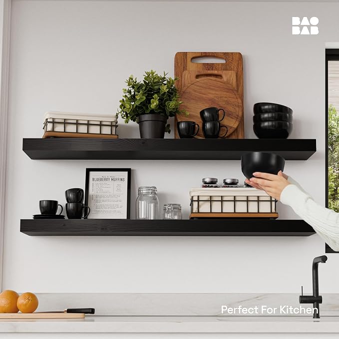 Solid Wood Floating Shelves for Wall 36 Inches Long, Black Wooden Shelf | Real Wood, 36 Inch, Heavy Duty, Wall Mounted, Bathroom Shelves Large, Bedroom Kitchen, Black Finish, 36W × 6.7D, Set of 2