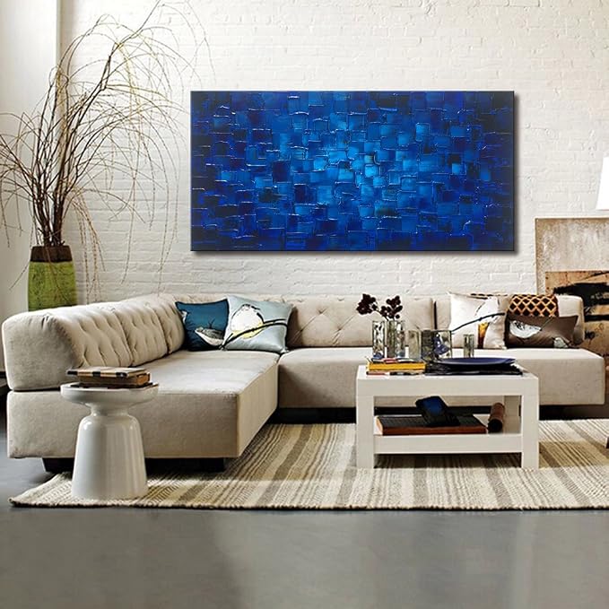 MyArton Large Abstract Dark Blue Square Wall Art Hand Painted Textured Oil Painting on Canvas Ready To Hang 60x30inch
