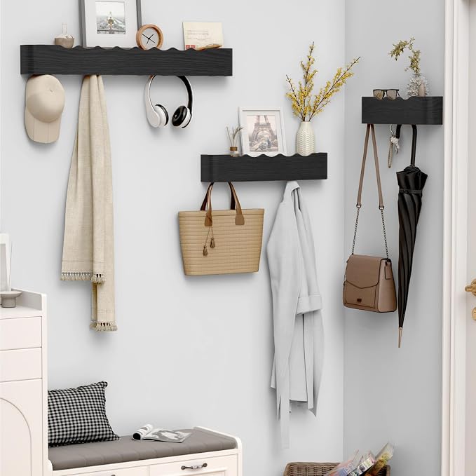 Coat Rack Wall Mount with Hidden Hooks, Wall Hooks with Shelf, Wall Key Holder Mount Wooden Shelf Entryway Hooks for Bedroom Bathroom for Hanging Coats Hats Bags Towels (Black Wave-Shape, 4 Hooks)