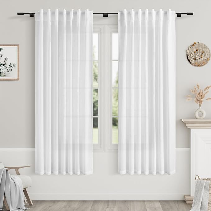 Nanspring White Linen Curtains 61 Inch Length for Living Room Neutral Modern Farmhouse Window Curtain 2 Panels Set Semi Sheer Light Filtering Privacy Back Tab Rod Pocket Drapes for Bedroom 52x61