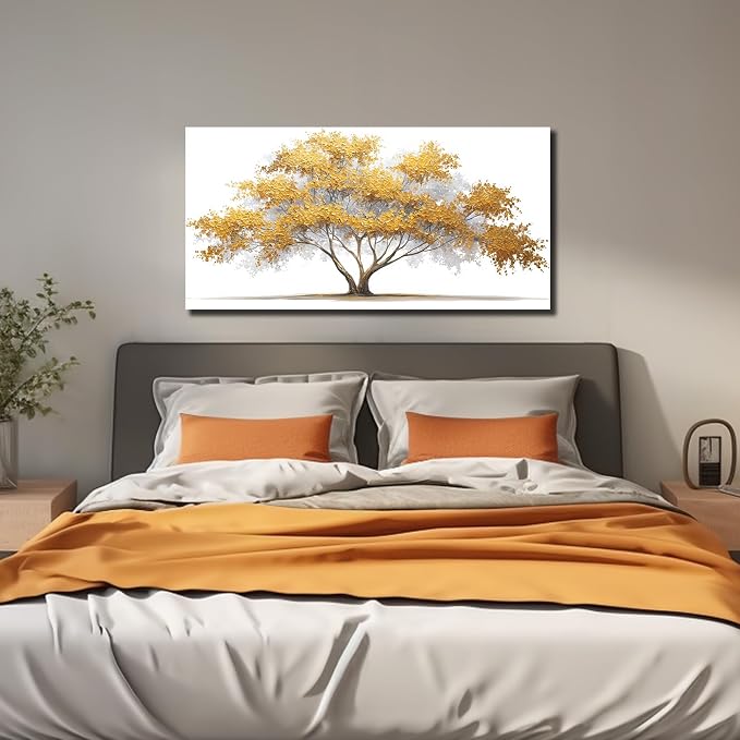 AOZEMI Yellow Wall Art for Living Room Tree Pictures Wall Decor White Canvas Artwork Art Bedroom Bathroom Office Large Modern 24"x 48"