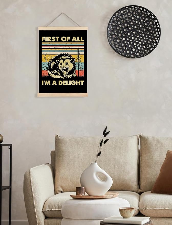 Foritho First of All I'm a Delight Sarcastic Angry Opossum Poster Wall Art Framed, Gifts for Opossum Lovers, 70s Retro Funny Animal Meme Canvas Prints Wall Decor for Home Office, 12x16 Inch