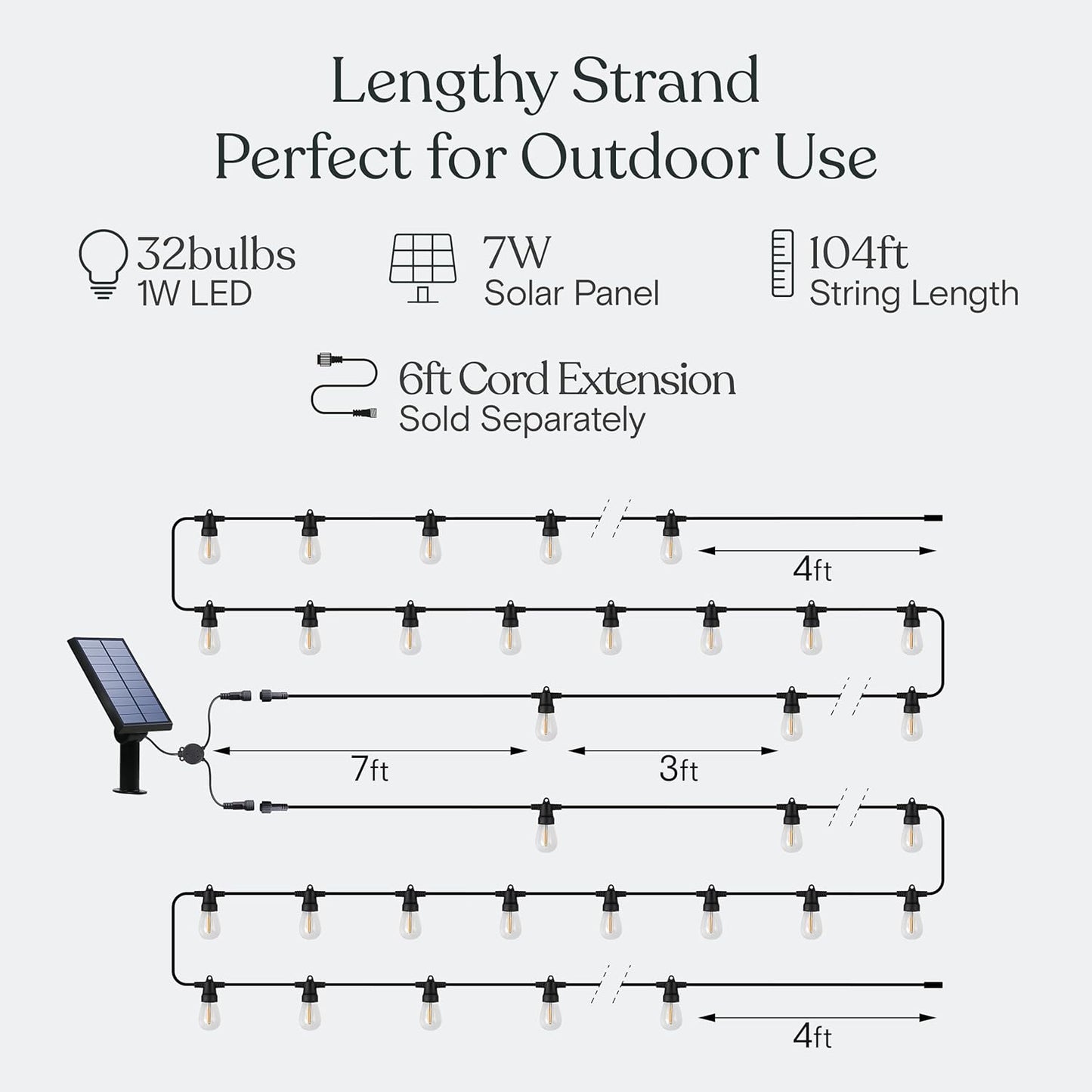 Brightech 104 (52x2) FT Ambience Pro Solar Powered Outdoor LED String Lights - Waterproof Remote Control Lights - 32 Bulbs, 7W Solar Powered Soft White Light for Camping, Patio, Garden