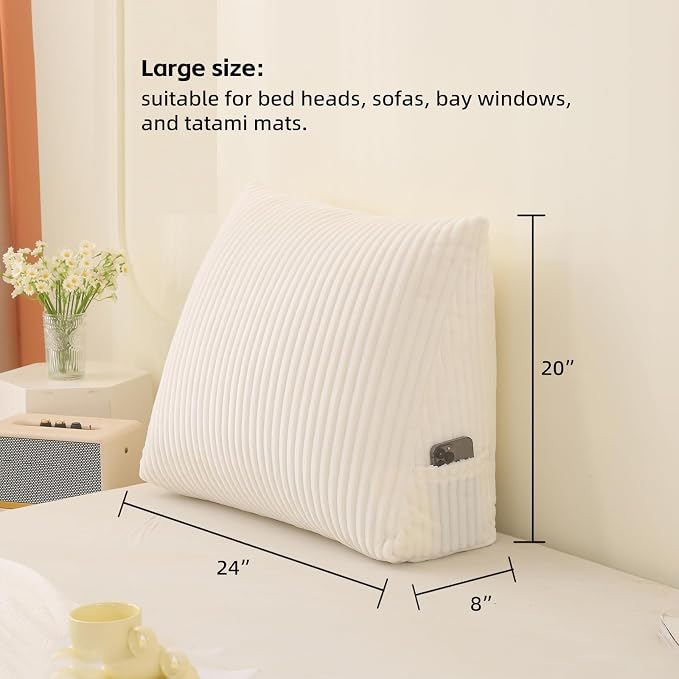 Corduroy Wedge Reading Pillow for Bed, 3 Sizes, 4 Colors for Bed, Sofa, Office Chair (White, Large 24 * 20 * 8in)