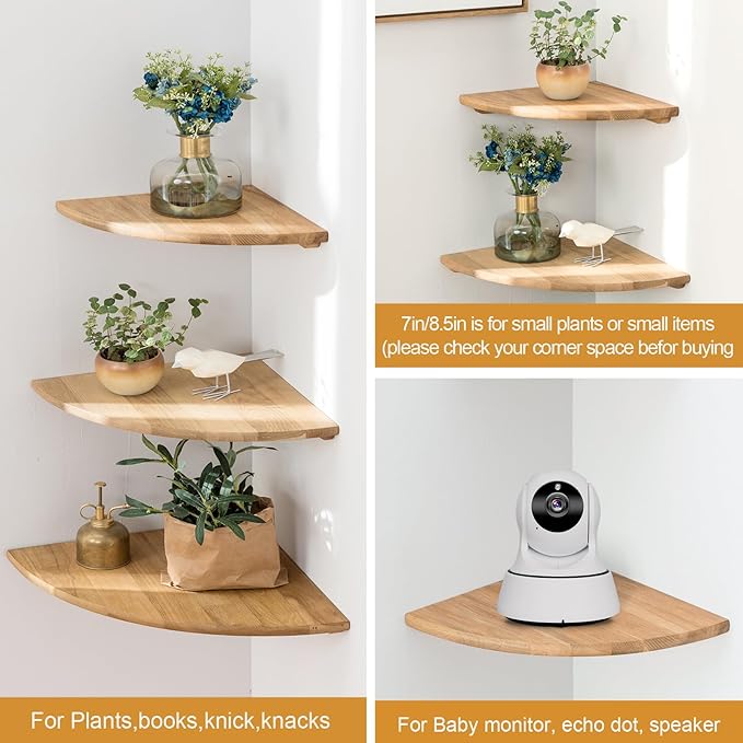 Corner Shelf, 7inch Solid Oak Wood Floating Corner Shelf Wall Mount Round End Floating Speaker Shelves with Wire Hole for Small Plant Photo Frame for Bedroom Kitchen, Living Room | Wire Hole, Small Plant, Photo Frame, Bedroom, Kitchen, Living Room