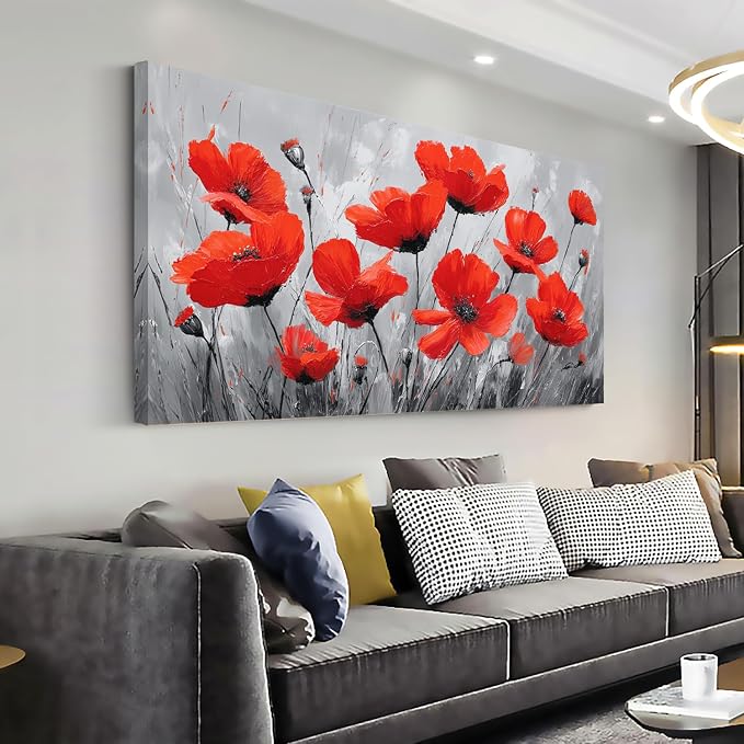 Ggaafet Red Wildflower Wall Art for Living Room Canvas Oil Painting Prints Beautiful Flowers Floral Blooming Art Deco Pretty Artwork Office Bedroom Family Dining Room Decor Large