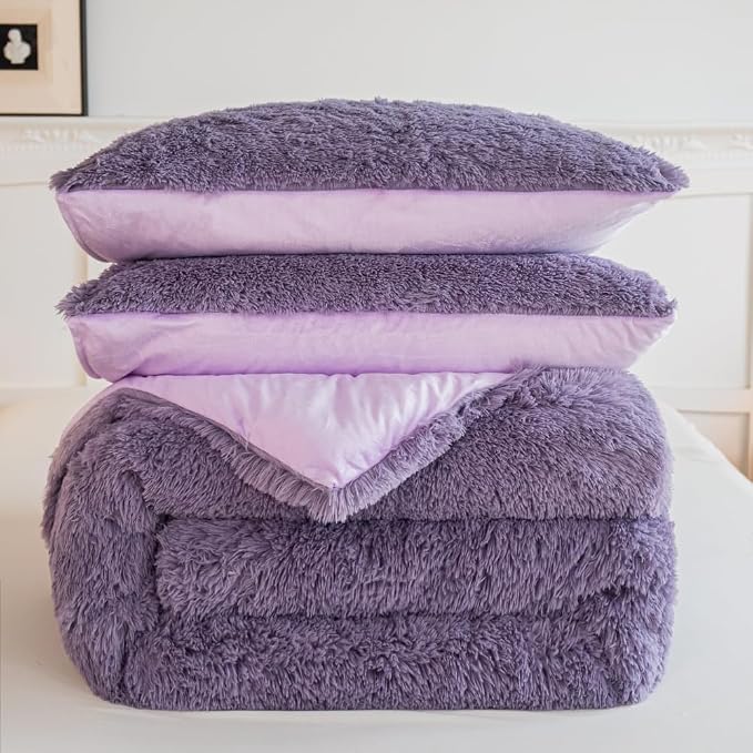 chovy Faux Fur Plush Purple Comforter Sets King - Ultra Soft Shaggy Flannel Velvet Fluffy Fuzzy 3PC Bedding Set (Comforter x 1 Pillowcases x 2)