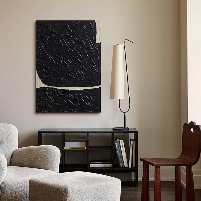 Large Textured Abstract Canvas Wall Art, Modern Minimalist Black Wall Decor | Hand-Painted Vertical Oil Painting Artwork for Living Room Bedroom Office, 28x40 In Original Neutral Home Decor Gifts