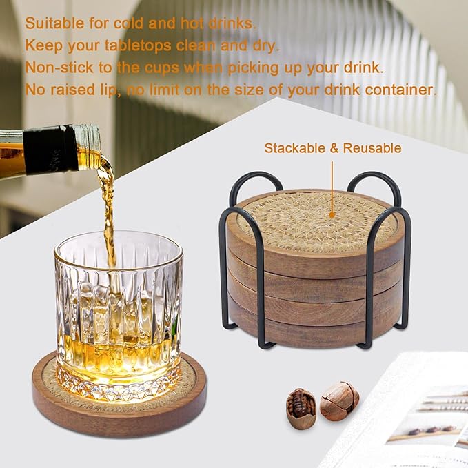Eykao Coasters for Drinks Absorbent Sets of 5, Woven Coasters with Holder, Housewarming Gift for Farmhouse Home Decor, 4 inches