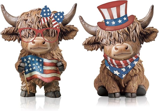 Karenhi 2 Pcs Patriotic Highland Cow Decor American Flag Figurines for 4th of July Memorial Day, Red White Blue Resin Cow Statues for 250th Anniversary Home Table Garden Decor