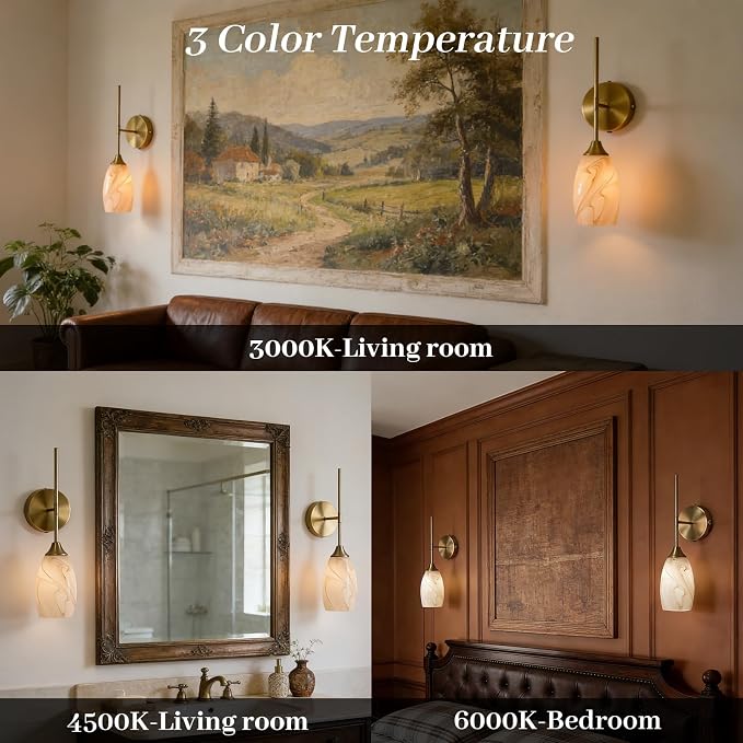 Battery Operated Wall Sconces Set of 2, Gold Rechargeable Wireless Wall Sconces with Hand-Blown Glass, Remote Control, Magnetic Mount,Dimmable 3 Colors for Bedroom Living Room Hallway