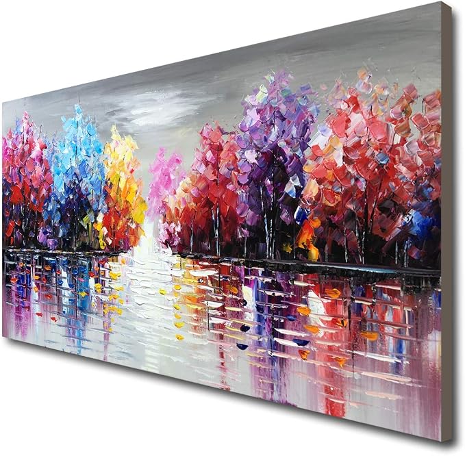 Hand Painted Colurful Textured Lake Landscape Oil Painting on Canvas Purple Tree Wall Art Abstract Nature Artwork for Living Room Bedroom Decor