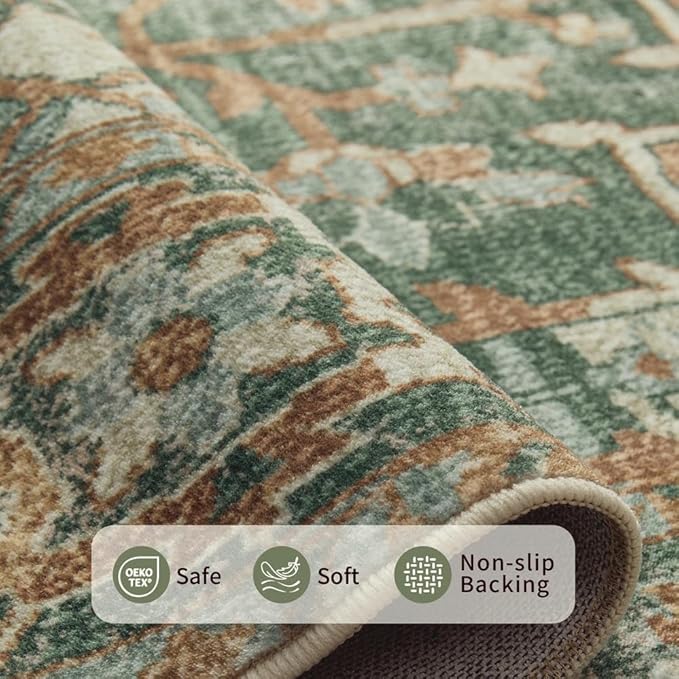 Rugxara 6x9 Area Rugs for Living Room Bedroom, Large Washable Rug, Green Vintage Floral Boho Style, Non Slip & Low Pile Carpet for Indoor Dining Room, Dorm and Kids Room(Green 6x9ft)