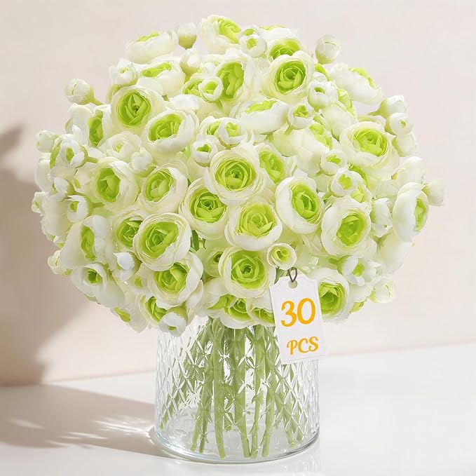 Alupssuc 30Pcs Ranunculus Artificial Flowers Faux Silk Mini Ranunculus, Spring Flowers Artificial Indoor for DIY Bouquets, Bulk Fake Wedding Filler Flowers for Bride Decorations & Arrangements, Green