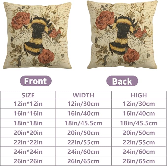 Spring Summer Bee Pillow Covers Retro Flower Honeybee Throw Pillow Covers 20x20 Set of 2 Botanical Bumblebee Floral Pillowcases for Home Sofa Couch Farmhouse Decor