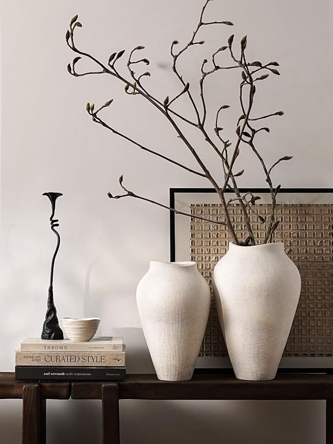 White Ceramic Vase - Large 13.6 Inch Tall Floor Vase for Centerpieces, Farmhouse Flower Vases, Rustic Minimalist Home Decor for Living Room, Enterway, Wedding (Sandstone White)