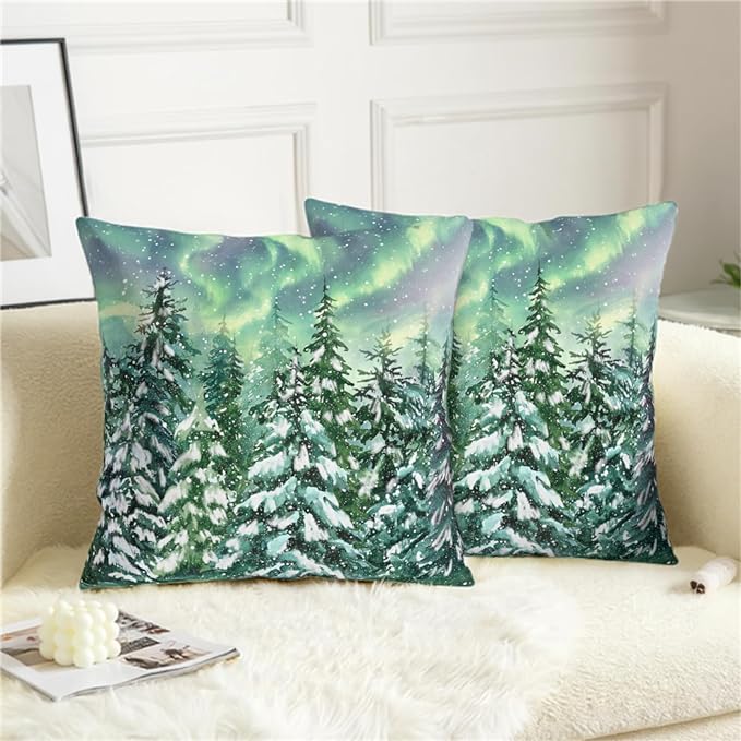 Winter Aurora Pillow Covers 22x22 Set of 2 Snowy Pine Tree Throw Pillow Covers Green Polar Light Forest Pillow Case Double Sided Printing Cushion Case for Home Decor Couch Sofa