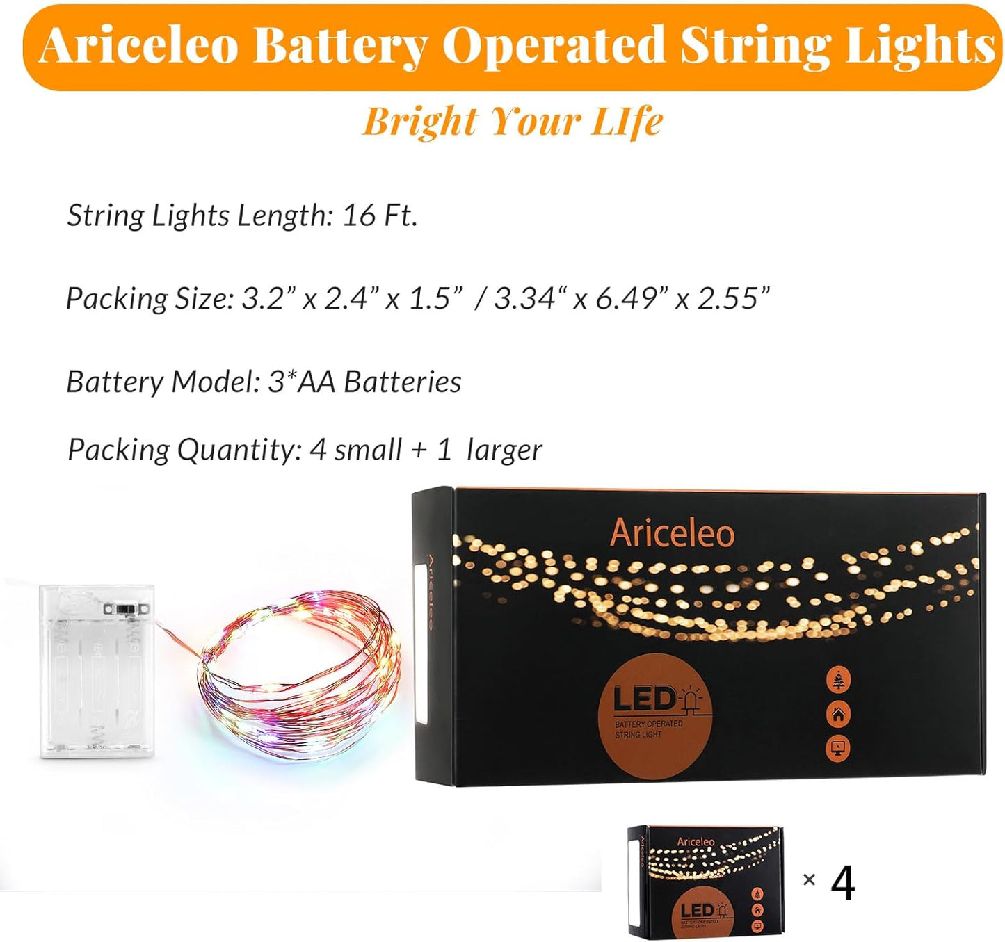 Led Fairy Lights Battery Operated, 4 Packs Mini Battery Powered Copper Wire Starry Fairy Lights for Bedroom, Christmas, Parties, Wedding, Centerpiece, Decoration (5m/16ft Multi-Colored)