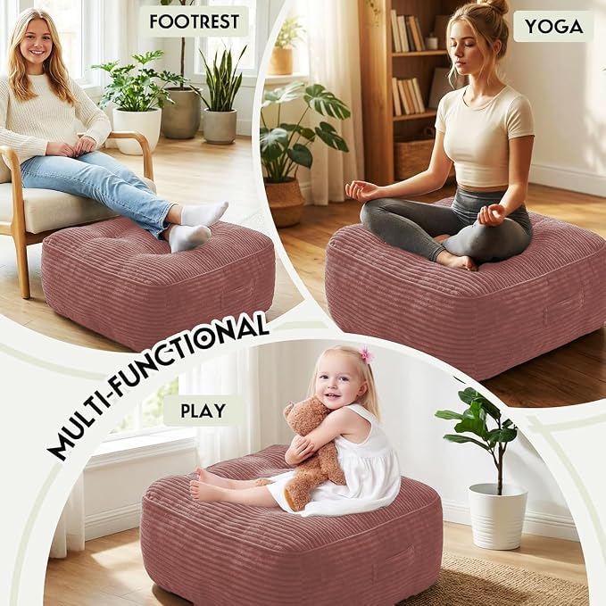 11In Washable Floor Pillow for Adults, Yoga & Meditation Cushion with Handle, Square Large Pillows Seating with Removable Tufted Corduroy Cover for Tatami Living Room Board Games (Pink)