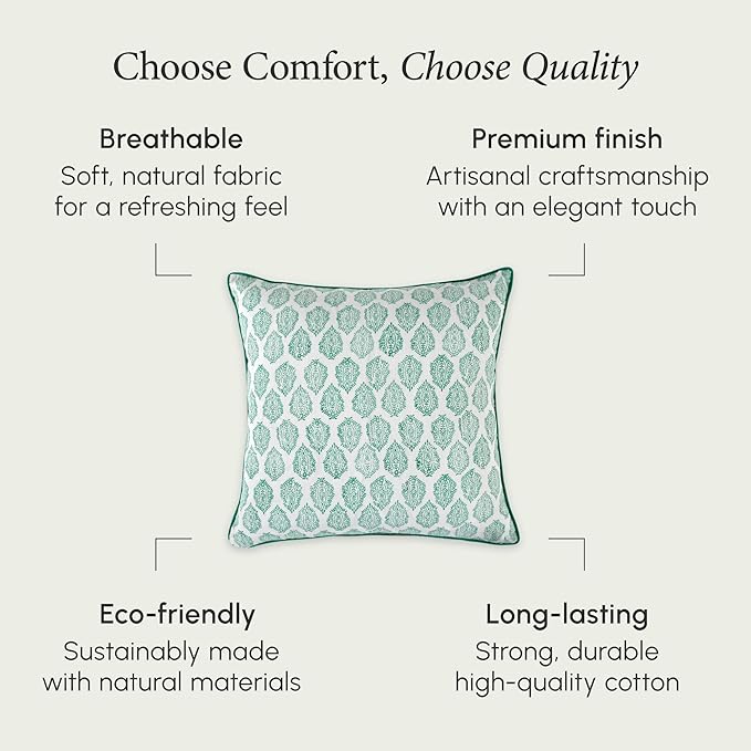 CPC 100% Cotton Throw Pillow Covers 20x20 Inch, Set of 2 Green Block Print Pattern Couch Pillow, Cute Boho Decorative Pillows for Living Room, Bedroom with Hidden Zipper- Sea Green