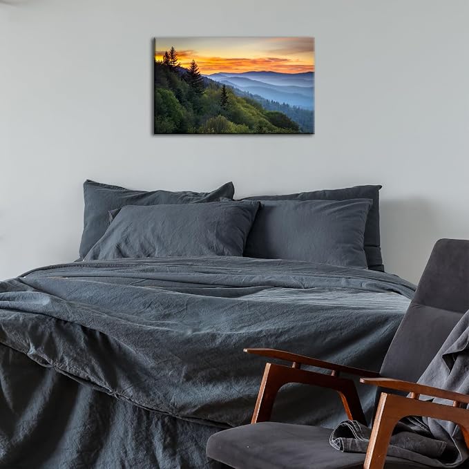 Nature Mountain Wall Art Foggy Forest Wall Decor for Living Room Sunset Blue Ridge National Park Landscape Poster Tennessee Misty Pine Tree Scenic Painting Artwork Office Kitchen Home Decoration 16x24