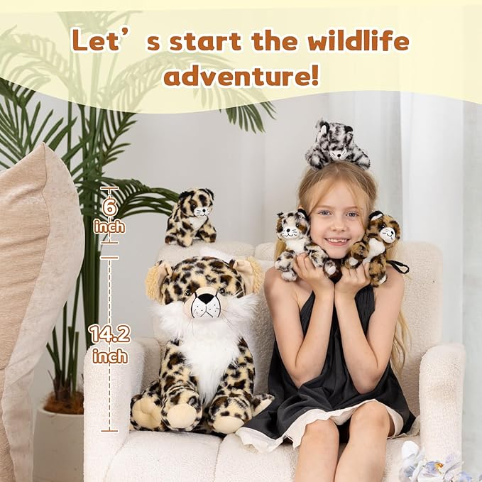 MorisMos 5Pcs Cheetah Stuffed Animal, 14 Inch Cheetah Mommy with 4 Baby, Soft Stuffed Leopard Plush Gifts for Kids, Boys, Girls, Toddler